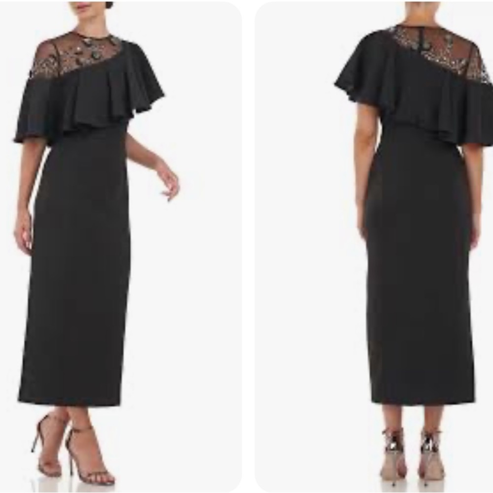 JS COLLECTIONS Hadley Ruffle Illusion Neck Midi Dress